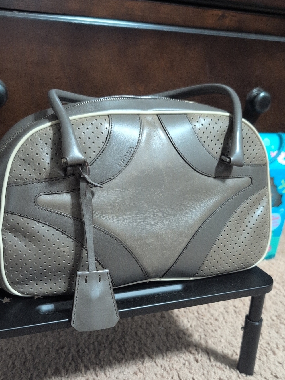PRADA Vitello Drive Perforated Bowler Bag - Gray